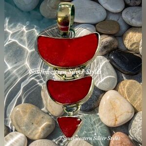 Southwestern Sterling Silver Mediterranean Red Coral Chandelier Style Pendant